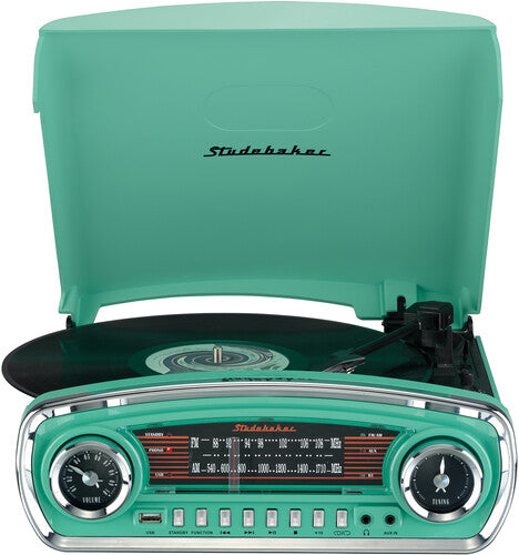 Studebaker Sb6057Te Retro Trntbl 3Spd Bt Teal - Studebaker SB6057TE Retro Turntable 3 Speed AM/FM Radio Bluetooth Receiver (Teal) (TURNTABLES)