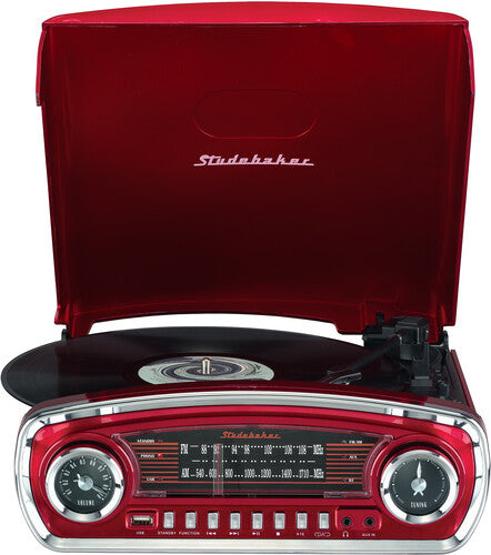 Studebaker Sb6057R Retro Trntbl 3Spd Bt Red - Studebaker SB6057R Retro Turntable 3 Speed AM/FM Radio Bluetooth Receiver (Red) (TURNTABLES)