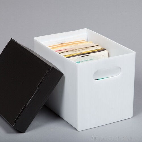 Bu X45125Cp 7 45 Rpm Rec Storeage Box - Bags Unlimited X45125CP 7 45 RPM Record Storage Box With Lid Corrugated Plastic (White/Black)